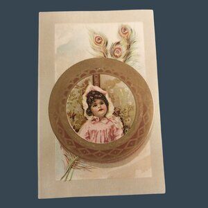 Victorian Postcard Child in Pink Dress & Bonnet Peacock Feathers Embossed
